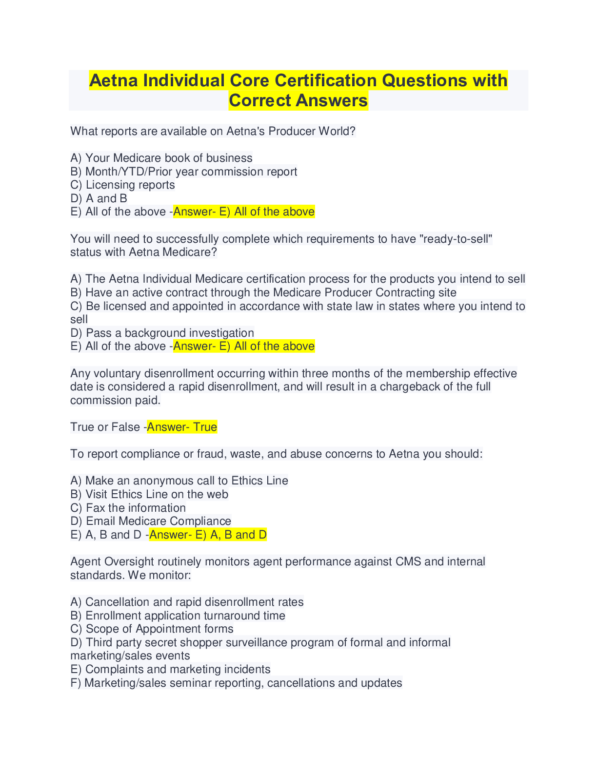 Preview image for Aetna Individual Core Certification Questions with Correct Answers